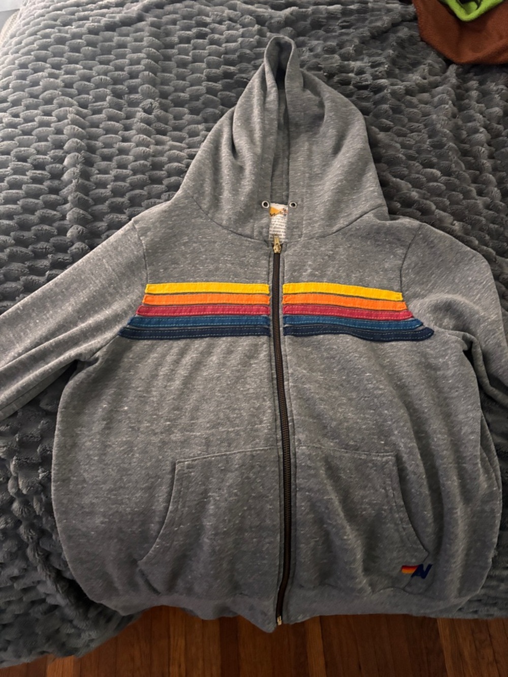 Aviator Nation Womens Gray Zip Hoodie with Retro Stripe Accents